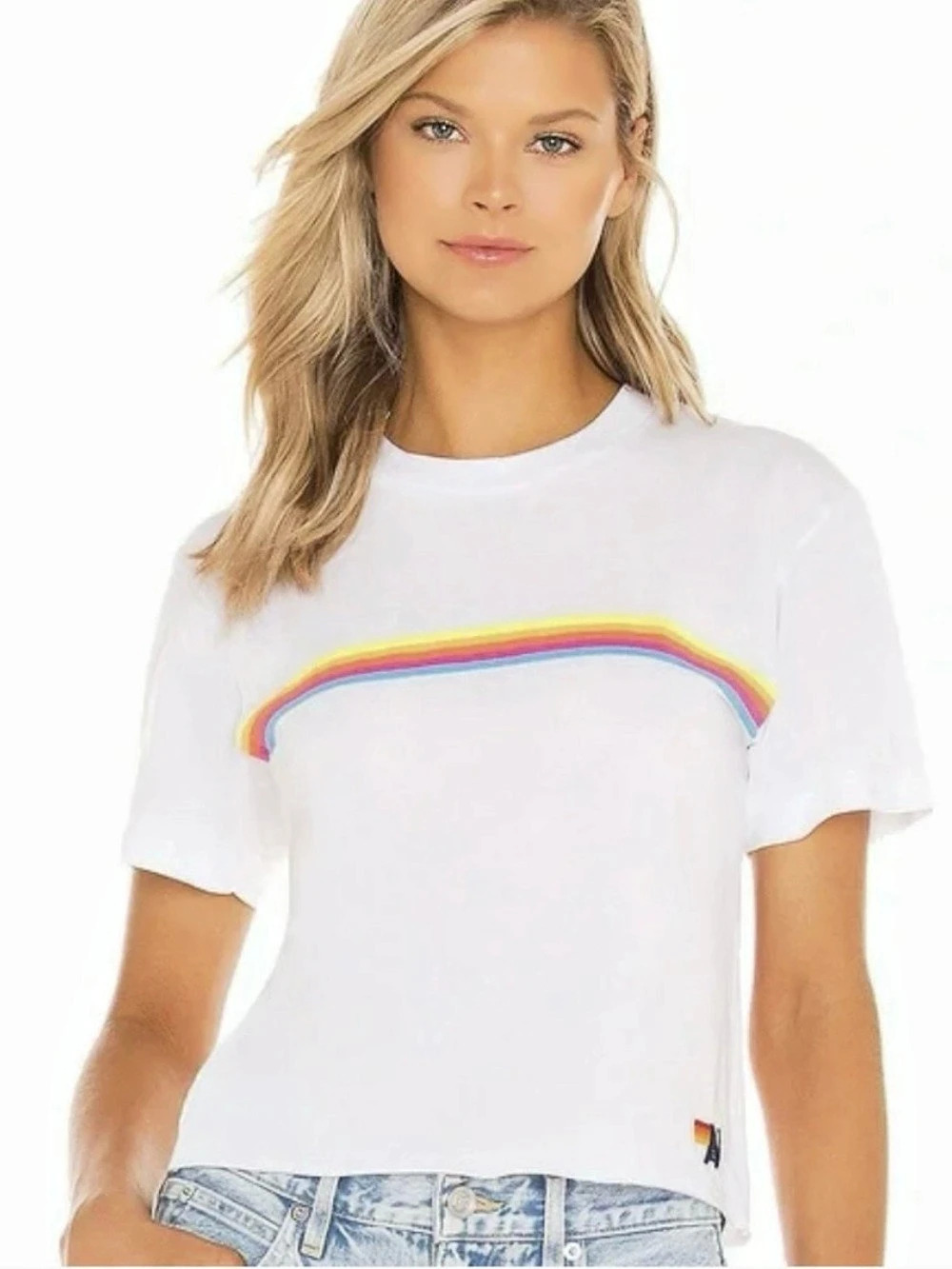Aviator Nation White Boyfriend Crop Raw Hem Surf Neon Retro Style 5 Stripe Tee L